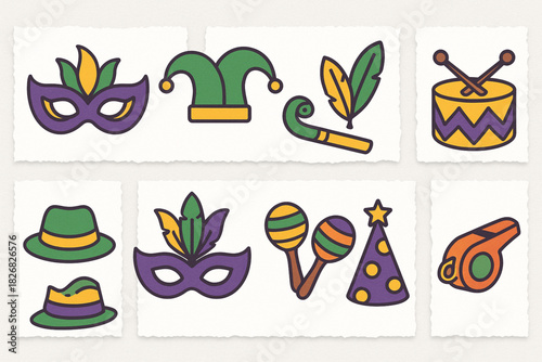Carnival icon pack torn vector style masks hats whistles feathers rhythms on white background