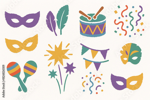 Carnival icon set torn vector ripped style masks feathers drums confetti maracas fireworks on white background