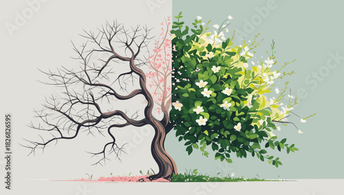 Contrasting tree depicting seasonal change with bare branches on one side and vibrant foliage with flowers on the other