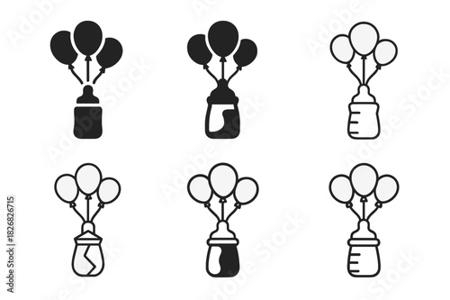 Baby Shower Logos. Baby shower party ideas and decorations. Icon set. Set Logo of baby shower party ideas and decorations: baby bottle with floating balloons.
