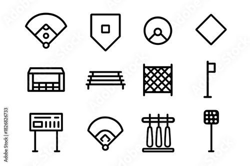 Baseball Field Icons. Baseball field. Line icon set of baseball field: diamond, base, pitcher mound, home plate, dugout, bleachers, fence, foul pole,