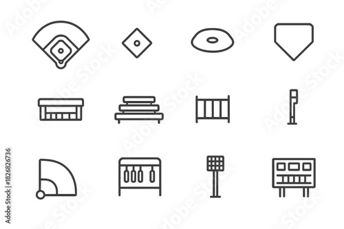 Baseball Field Icons. Baseball field. Line icon set of baseball field: diamond, base, pitcher mound, home plate, dugout, bleachers, fence, foul pole,