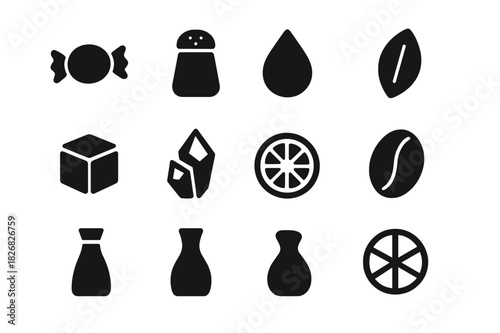 Basic Taste Icons. Basic tastes. Solid icon set of Basic tastes: sweet, salty, sour, bitter, umami, sugar cube, salt crystal, lemon slice, coffee bean, soy