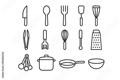 Basic Kitchen Tool Icons. Basic kitchen tools. Line icon set of basic kitchen tools: knife, spoon, fork, spatula, tongs, peeler, whisk, grater, measuring