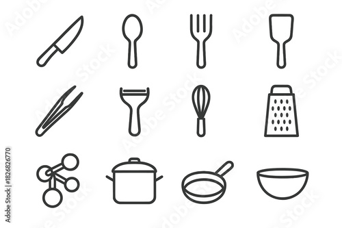 Basic Kitchen Tool Icons. Basic kitchen tools. Line icon set of basic kitchen tools: knife, spoon, fork, spatula, tongs, peeler, whisk, grater, measuring