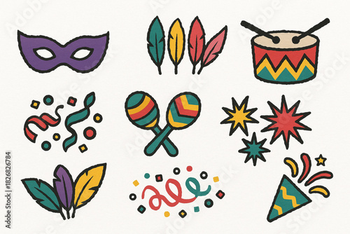 Carnival icon set torn vector ripped style masks feathers drums confetti maracas fireworks on white background