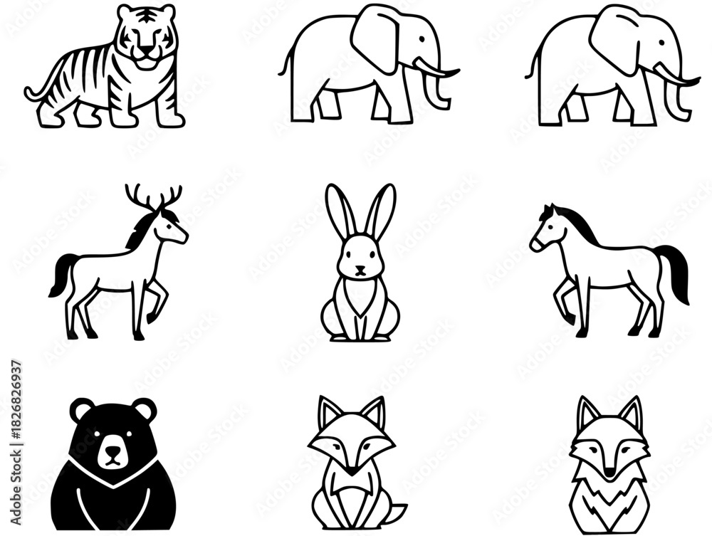Fototapeta premium Minimal black and white land animal icon set in clean wildlife style