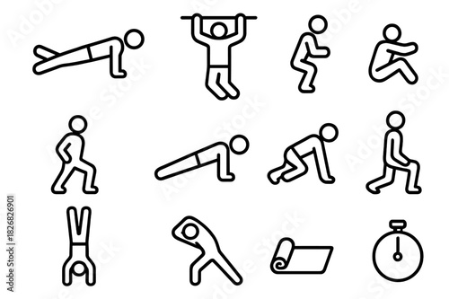 Bodyweight Exercise Icons. Bodyweight exercises. Line icon set of bodyweight exercises: push-up figure, pull-up figure, sit-up figure, burpee, jump squat,