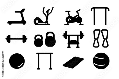 Black Gym Icons. Gym equipment. Solid icon set of Gym equipment: treadmill, elliptical, stationary bike, dumbbells, barbells, kettlebells, bench press,