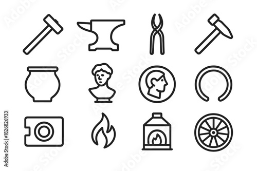 Bronze Craft Icons. Bronze craftsmanship. Line icon set of bronze craftsmanship: hammer, anvil, tongs, chisel, pot, sculpture, coin, bracelet, mold, flame,