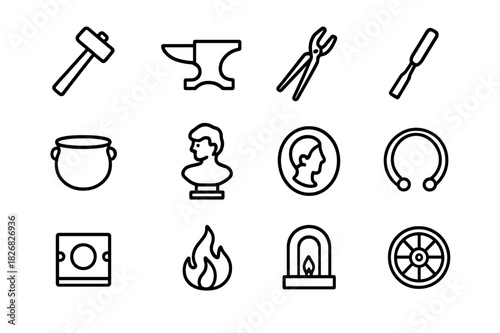 Bronze Craft Icons. Bronze craftsmanship. Line icon set of bronze craftsmanship: hammer, anvil, tongs, chisel, pot, sculpture, coin, bracelet, mold, flame,