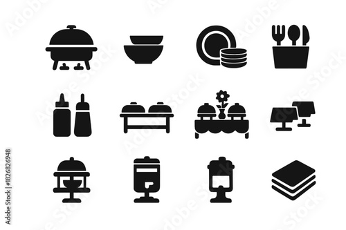 Buffet Display Icons. Buffet display. Solid icon set of Buffet display: chafing dish, serving bowls, stacked plates, cutlery holder, condiment bottles, food
