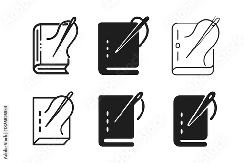 Book Binding Logos. Book binding. Icon set. Set Logo of book binding: needle and thread sewing book pages. harmonious logo variations of the same emblematic