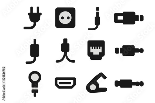 Cable Connection Icons. Cable connections. Solid icon set of Cable connections: plug, socket, jack, adapter, connector, splitter, coupler, terminal, port,