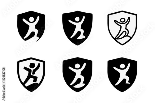 Challenge Emblem Icons. Person overcoming challenges. Icon set. Set Logo of Person overcoming challenges: Shield with rising figure. harmonious logo variations