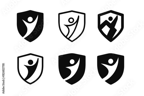 Challenge Emblem Icons. Person overcoming challenges. Icon set. Set Logo of Person overcoming challenges: Shield with rising figure. harmonious logo variations