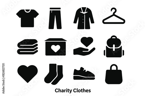 Charity Clothes Icons. Charity Clothes. Solid icon set of t-shirt, pants, coat, hanger, folded clothes, donation box, hand giving, backpack, heart, socks,