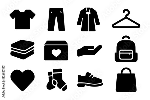 Charity Clothes Icons. Charity Clothes. Solid icon set of t-shirt, pants, coat, hanger, folded clothes, donation box, hand giving, backpack, heart, socks,