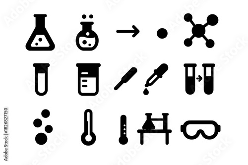 Chemical Reaction Icons. Chemical reactions. Solid icon set of Chemical reactions: flask, bubbling liquid, reaction arrow, molecule, test tube, beaker,