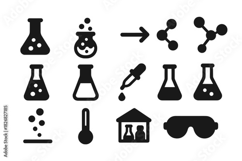 Chemical Reaction Icons. Chemical reactions. Solid icon set of Chemical reactions: flask, bubbling liquid, reaction arrow, molecule, test tube, beaker,