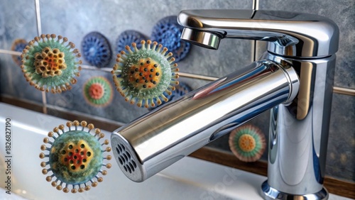 Close-Up of Viruses Near Bathroom Faucet Highlighting Hygiene Importance