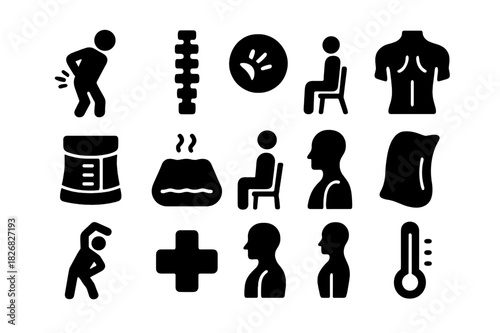 Chronic Pain Icons. Chronic Back Pain. Solid icon set of person holding back, spine, pain lines, muscle, back brace, hot pack, chair, pillow, stretching pose,