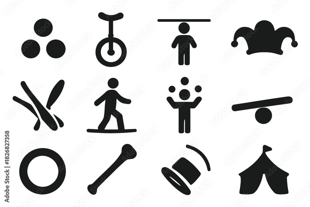 Fototapeta premium Circus Skills Icons. Learning Juggling or Balance Tricks. Solid icon set of juggling balls, unicycle, balancing stick, clown hat, juggling clubs, tightrope,
