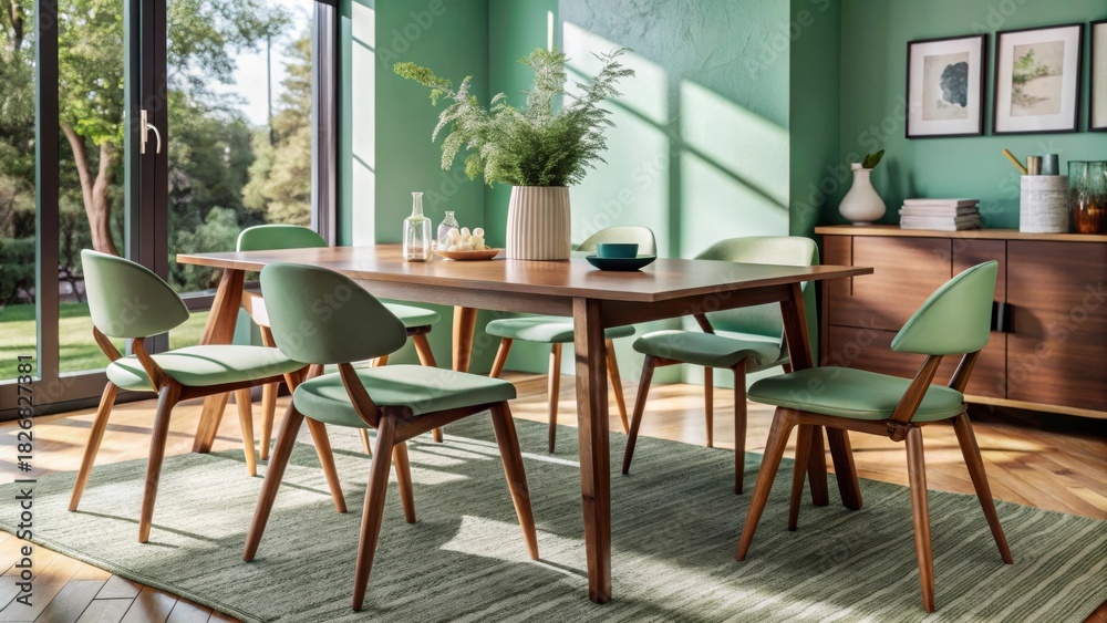 Fototapeta premium Contemporary Dining Room with Green Decor and Natural Light