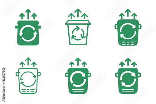 Circular Economy Icons. Circular economy and waste reduction initiatives. Icon set. Set Logo of circular economy: compost bin. harmonious logo variations of