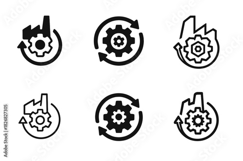 Circular Economy Logos. Circular economy principles in manufacturing. Icon set. Set Logo of circular economy in manufacturing: rotating arrows on factory gear.