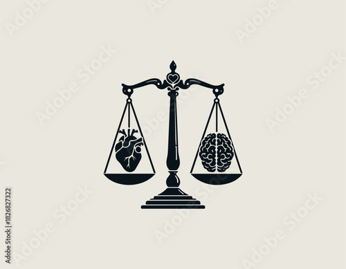 Symbolic black vector illustration of a traditional balance scale weighing a detailed anatomical human heart against a human brain, representing the balance of emotion and logic. Duality concept