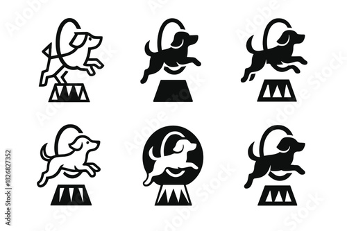 Circus Animal Logos. Circus animals and animal performances. Icon set. Set Logo of circus animals and animal performances: trained dog act. harmonious logo