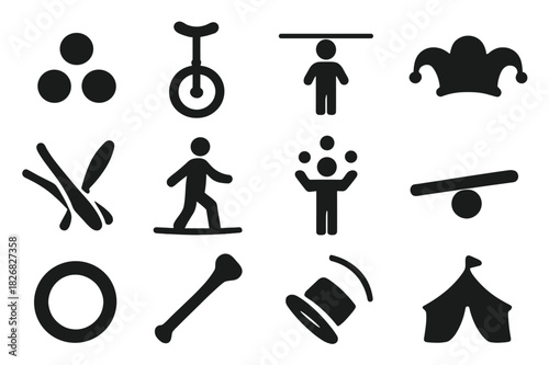 Circus Skills Icons. Learning Juggling or Balance Tricks. Solid icon set of juggling balls, unicycle, balancing stick, clown hat, juggling clubs, tightrope,