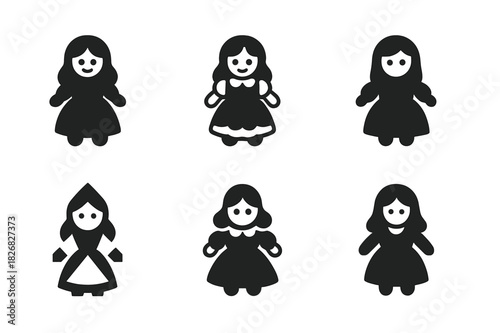 Classic Toys Icons. Classic toys. Icon set. Set Logo of classic toys: doll with classic dress. harmonious logo variations of the same emblematic concept, each