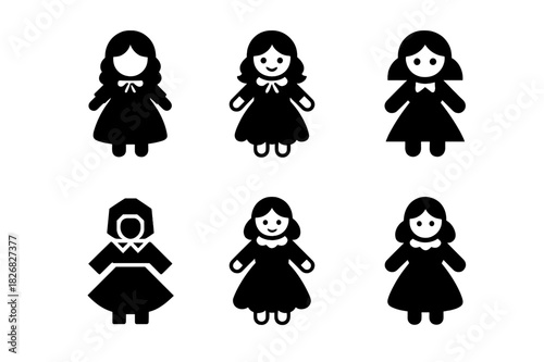 Classic Toys Icons. Classic toys. Icon set. Set Logo of classic toys: doll with classic dress. harmonious logo variations of the same emblematic concept, each