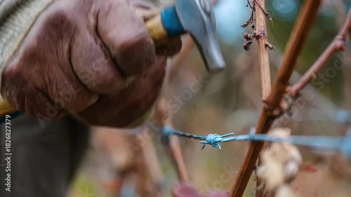 Vineyard caretaker skillfully restoring trellis stability by hammering and tightening wires ensuring optimal support for grapevines in an outdoor setting.