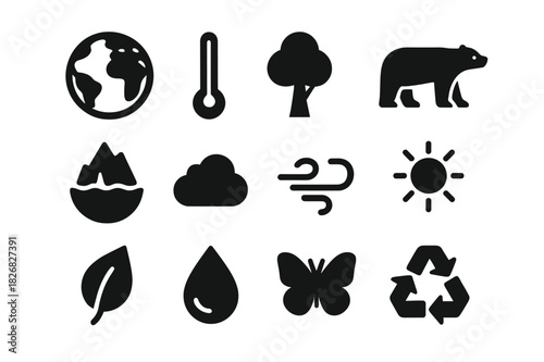 Climate Symbols Icon Grid. Climate and biodiversity. Solid icon set of climate and biodiversity: globe, thermometer, tree, polar bear, ice cap, cloud, wind,