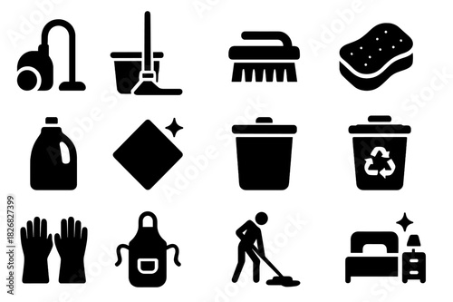 Cleaning Tools Icons. Cleaning together. Solid icon set of Cleaning together: vacuum cleaner, mop bucket, brush, sponge, detergent bottle, dusting cloth, trash