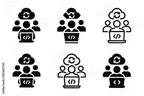 Collaborative Coding Logos. developer coding in a collaborative workspace. Icon set. Set Logo of developer coding in a collaborative workspace: cloud sync and