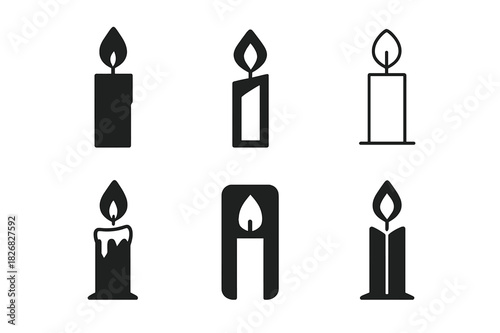 Candle Logo Variations. candle. Icon set. Set Logo of candle: lit taper candle. harmonious logo variations of the same emblematic concept, each with different