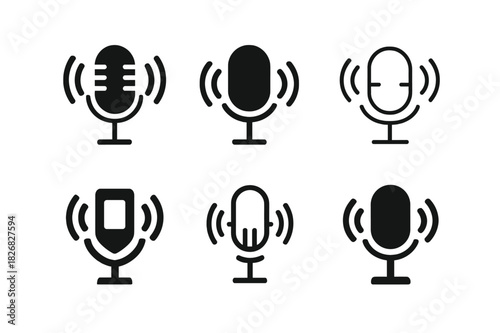 Comedy Podcast Logos. Comedy Podcast. Icon set. Set Logo of Comedy Podcast: microphone with sound waves. harmonious logo variations of the same emblematic