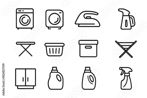 Compact Laundry Icon Set. Compact laundry appliances. Line icon set of compact laundry appliances: mini washing machine, tabletop dryer, handheld iron,