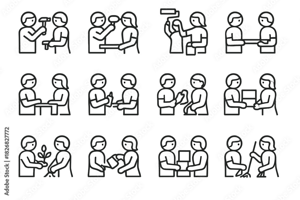 Fototapeta premium Cooperative Parenting Icons. Cooperative Tasks. Line icon set of Cooperative Tasks: parents hammering, parents drilling, parents painting wall, parents