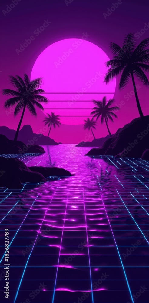 Naklejka premium Vibrant Digital Art Grid Perspective on Water with Pixelated Sun, vertical wallpaper