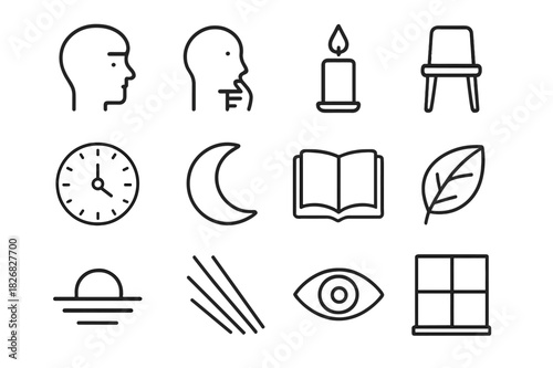 Contemplative Icons Grid. Contemplation. Line icon set of contemplation: face profile, hand on chin, candle, chair, clock, moon, open book, leaf, horizon,