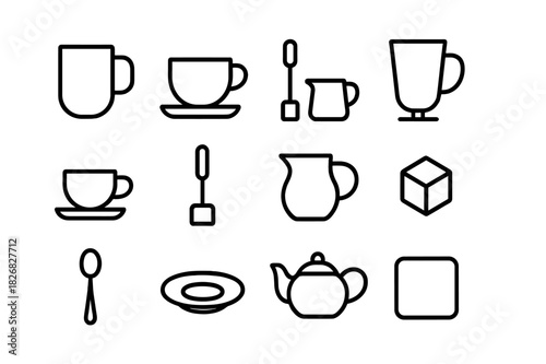 Hot Drink Icons Set. Hot drink set. Line icon set of Hot drink set: coffee mug, tea cup, cocoa mug, espresso cup, latte glass, frother, milk jug, sugar cube,