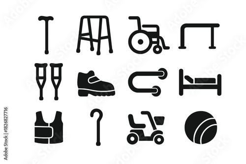 Elderly Support Icons. Elderly mobility support. Solid icon set of Elderly mobility support: walking cane, walker, wheelchair, handrail, crutches, orthopedic