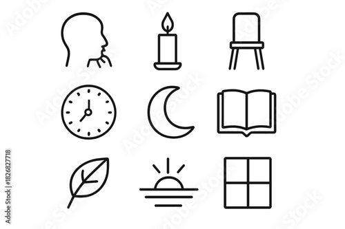 Contemplative Icons Grid. Contemplation. Line icon set of contemplation: face profile, hand on chin, candle, chair, clock, moon, open book, leaf, horizon,