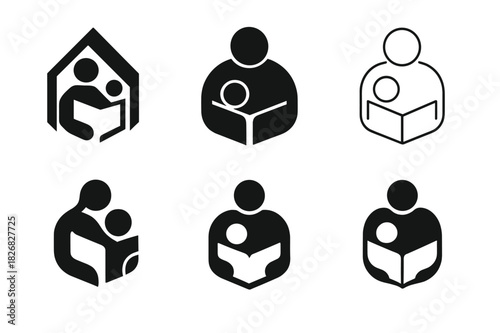 Parent-Child Bonding Logos. parent-child bonding. Icon set. Set Logo of parent-child bonding: bedtime story moment. harmonious logo variations of the same