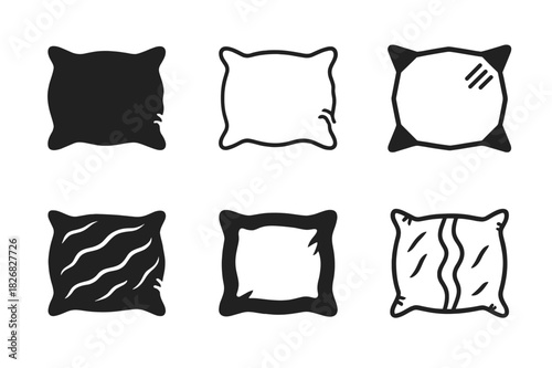 Ragged Pillow Designs. ragged pillow. Icon set. Set Logo of ragged pillow: deformed cushion with wrinkles. harmonious logo variations of the same emblematic
